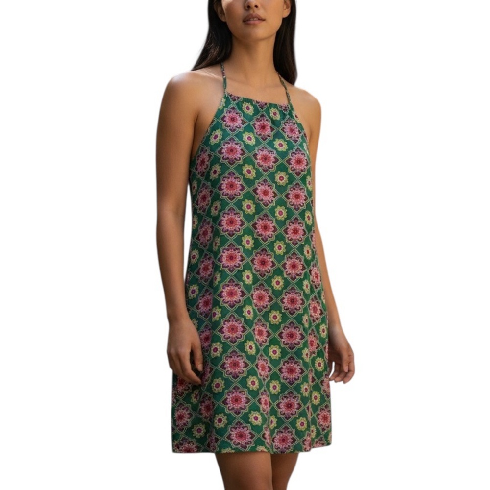 Paper Crane Shift Dress Size Small Green Pink Yellow Medallion Print Fully Lined